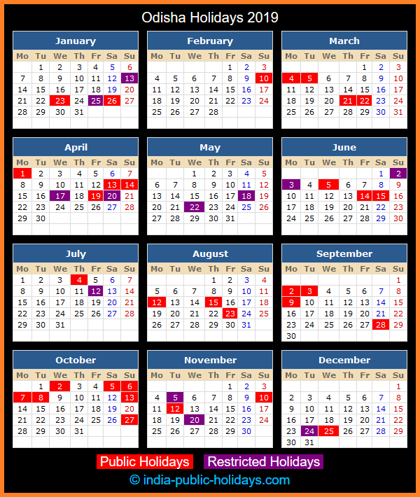 Odisha Holiday Calendar 2019